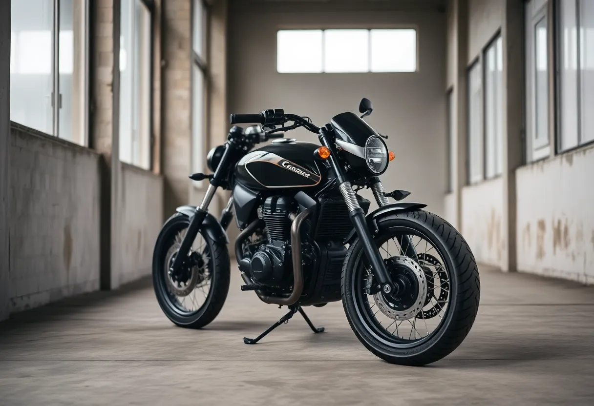 An eye-catching vintage motorcycle is positioned prominently in an industrial loft space with large windows. The overcast light creates a soft ambiance, highlighting the motorcycle's polished metal and intricate details against the textured concrete floor. The image captures the rugged charm of the setting with muted earth tones that evoke a sense of nostalgia. The sharp focus from foreground to background invites the viewer to explore the entire frame while emphasizing the motorcycle's unique design.
