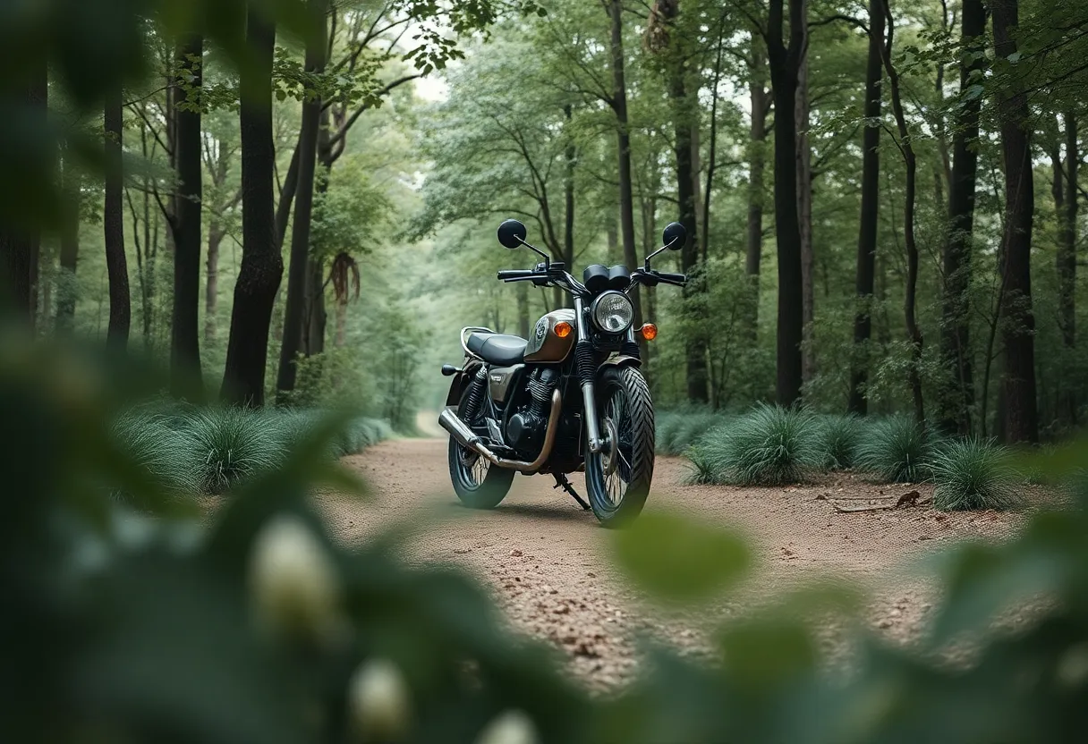 This image captures a motorcycle parked on a dirt path densely surrounded by trees and foliage. Soft, diffused daylight creates a calming atmosphere, highlighting the bike's details and the rich green colors of the forest. The hyperfocal depth ensures clarity throughout the image, immersing viewers in a serene natural setting. This composition promises an adventurous spirit, inviting exploration of untamed trails.