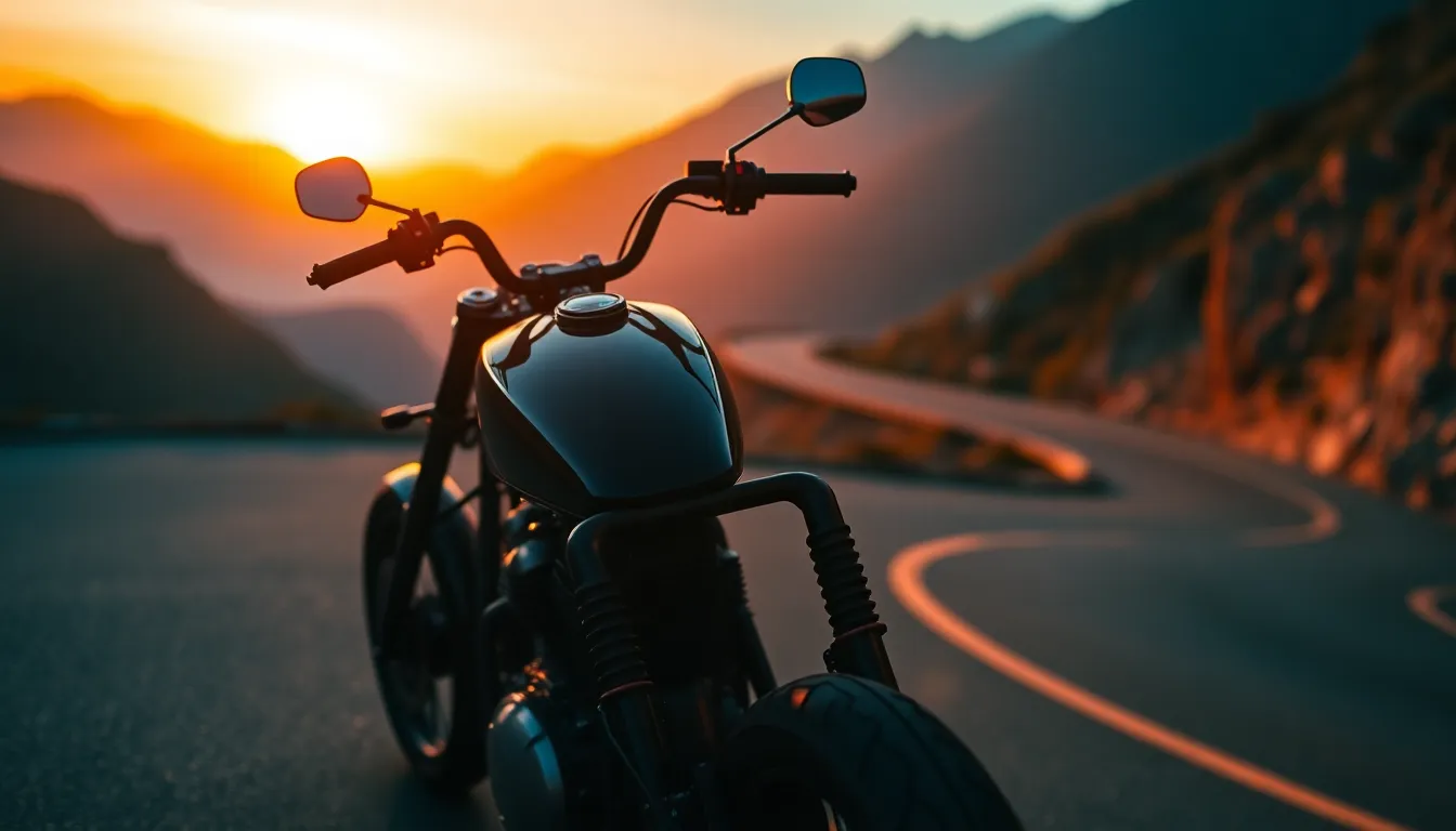 This striking image features a sleek motorcycle parked on a winding mountain road during a vibrant sunset. The warm hues of orange and teal create a cinematic atmosphere, while the road's curves guide the viewer's eye towards the motorcycle, emphasizing its design. The shallow depth of field keeps the bike in sharp focus against the softly blurred mountain backdrop, highlighting the shiny chrome details. This scene captures the essence of freedom and adventure, perfect for any transportation-themed project.