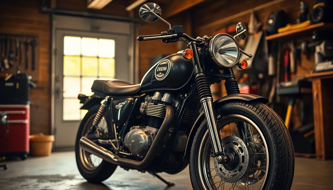 This evocative image captures a vintage motorcycle illuminated by warm tungsten light in a garage. The rich textures of leather and metal are accentuated, revealing the motorcycle's storied past. The hyperfocal distance ensures every detail is sharp, while natural tones create a cozy ambiance. With leading lines formed by garage tools, the motorcycle stands as the focal point, inviting viewers into its world.