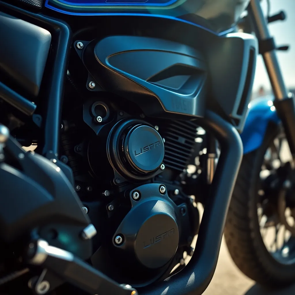 A stunning close-up of a motorcycle's engine reveals intricate details and craftsmanship in bright sunlight. The sunlight casts sharp shadows, creating depth and emphasizing the engine's metallic blues and blacks. The use of shallow depth of field draws focus to the fine textures of the machine, showcasing its rugged beauty. This image is a tribute to engineering excellence, appealing to motorcycle enthusiasts and mechanics alike.