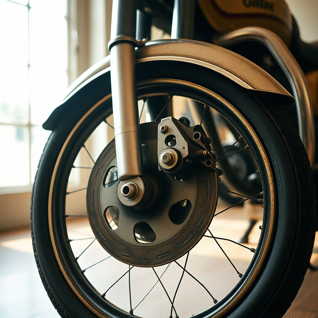 This striking image offers a close-up of a vintage motorcycle's front wheel and intricate brake system, showcasing the mechanical beauty of the bike. Soft diffused daylight illuminates the scene, enhancing the warm, earthy tones of the metal and rubber. The intimate framing invites viewers into the world of motorcycle mechanics, revealing the age and character embedded in every detail. An excellent representation of craftsmanship and nostalgia.