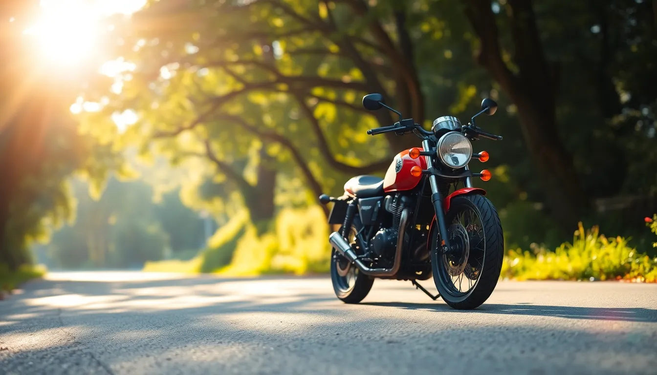 A powerful motorcycle parked on a deserted asphalt road during golden hour, showcasing its sleek design and chrome details reflecting the warm sunset tones. The composition places the bike off-center, emphasizing the vast open road ahead. Vibrant teal and orange hues create a cinematic feel, enhancing the adventurous mood. Gentle bokeh in the background draws the viewer's attention to the motorcycle's intricate features.