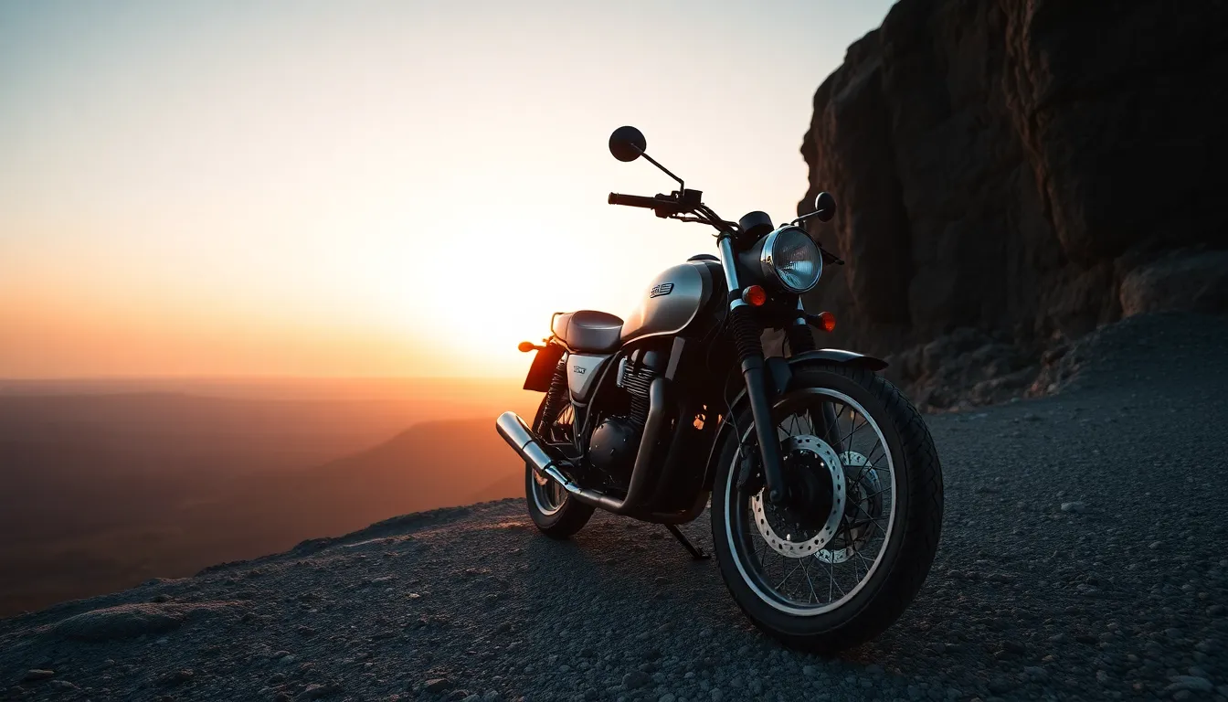 Motorcycle on Cliff at Sunrise This breathtaking image captures a motorcycle parked on a cliff during a stunning sunrise. The natural soft lighting from the rising sun creates a warm halo around the bike, while the hyperfocal distance ensures sharp clarity from the motorcycle to the distant horizon. The color palette features soft pastels, transitioning from gentle pinks to warm oranges in the sky. A centered symmetrical composition emphasizes the motorcycle's beauty against the breathtaking landscape, with granular textures of the rocky cliff enriching the visual experience.