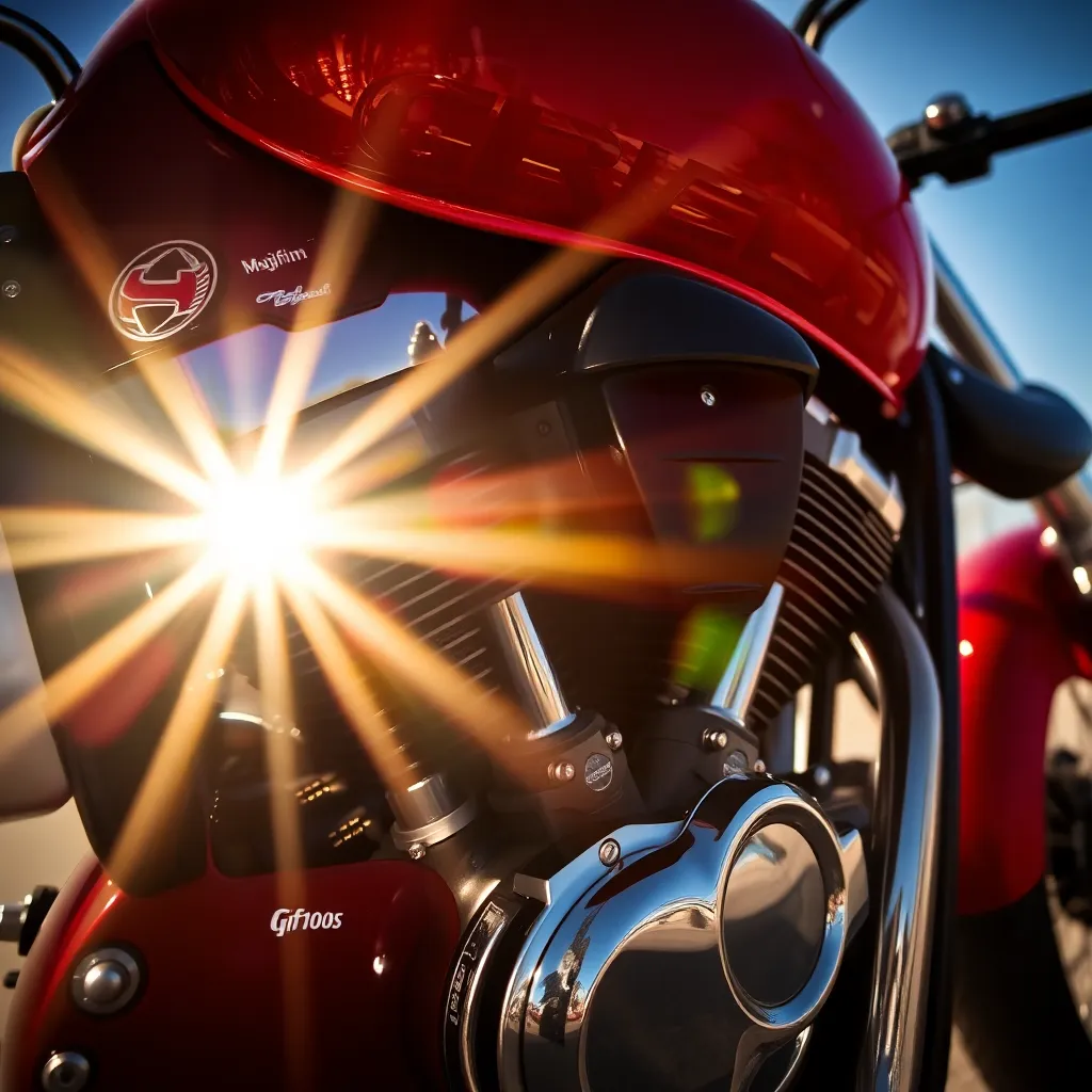 This vivid close-up captures the intricate details of a motorcycle's engine under bright midday sunlight. The high contrast emphasizes the polished chrome and vibrant paint, while the shallow depth of field ensures the engine components are sharply in focus. The diagonal composition suggests movement and excitement, making the viewer feel the motorcycle’s potential energy. This image celebrates the craftsmanship and design of modern motorcycles, ideal for automotive enthusiasts.