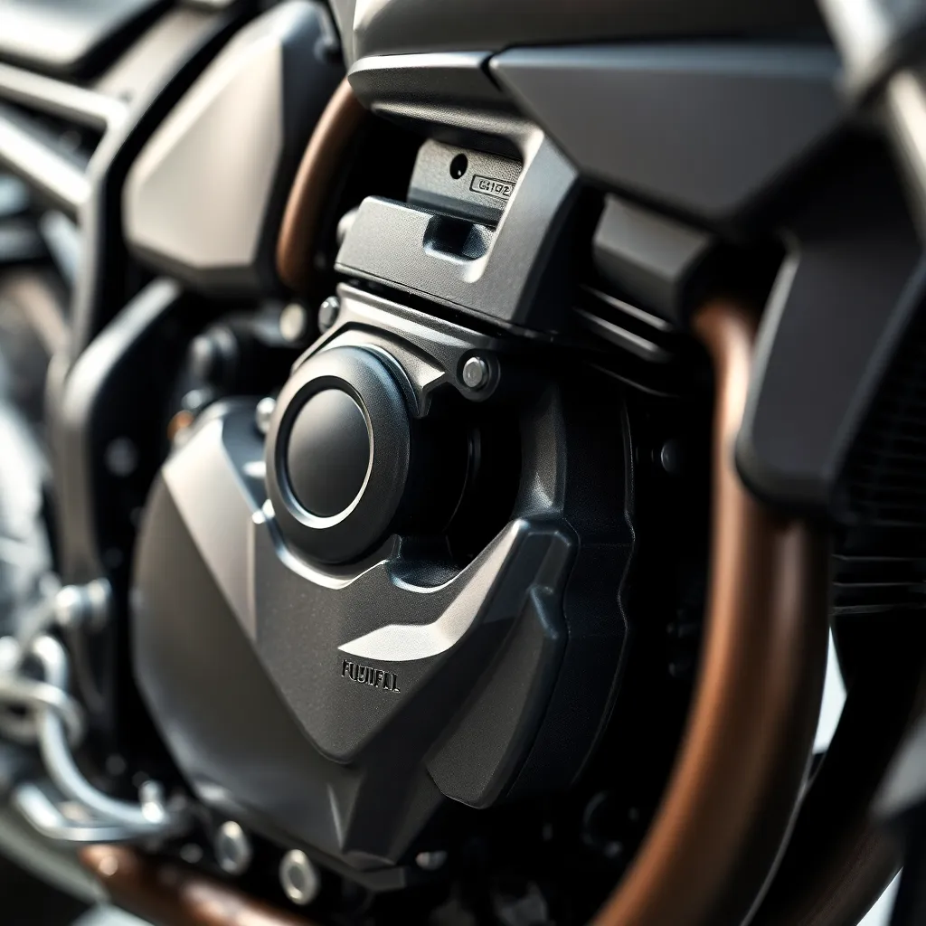 An intimate close-up of a motorcycle engine reveals the intricate details of its components, showcasing the fine craftsmanship and engineering. Shot in a studio with soft, focused lighting, the metallic surfaces glisten and reflect, adding a dynamic aspect to the image. The shallow depth of field beautifully separates the subject from the background, allowing viewers to appreciate the complexity of motorcycle mechanics in stunning detail.