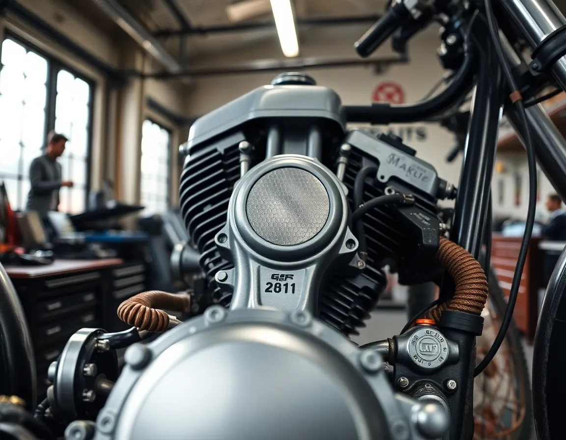 This detailed macro photograph showcases the intricate components of a motorcycle engine inside a garage workshop. Soft, diffused daylight filters through the windows, accentuating the metallic textures and mechanical precision of the engine parts. The shallow depth of field creates a pleasing focus on the engine, while surrounding tools fade softly into the background. The muted color palette of grays, silvers, and rust highlights the wear and character of the engine, inviting viewers to appreciate the craftsmanship and engineering.