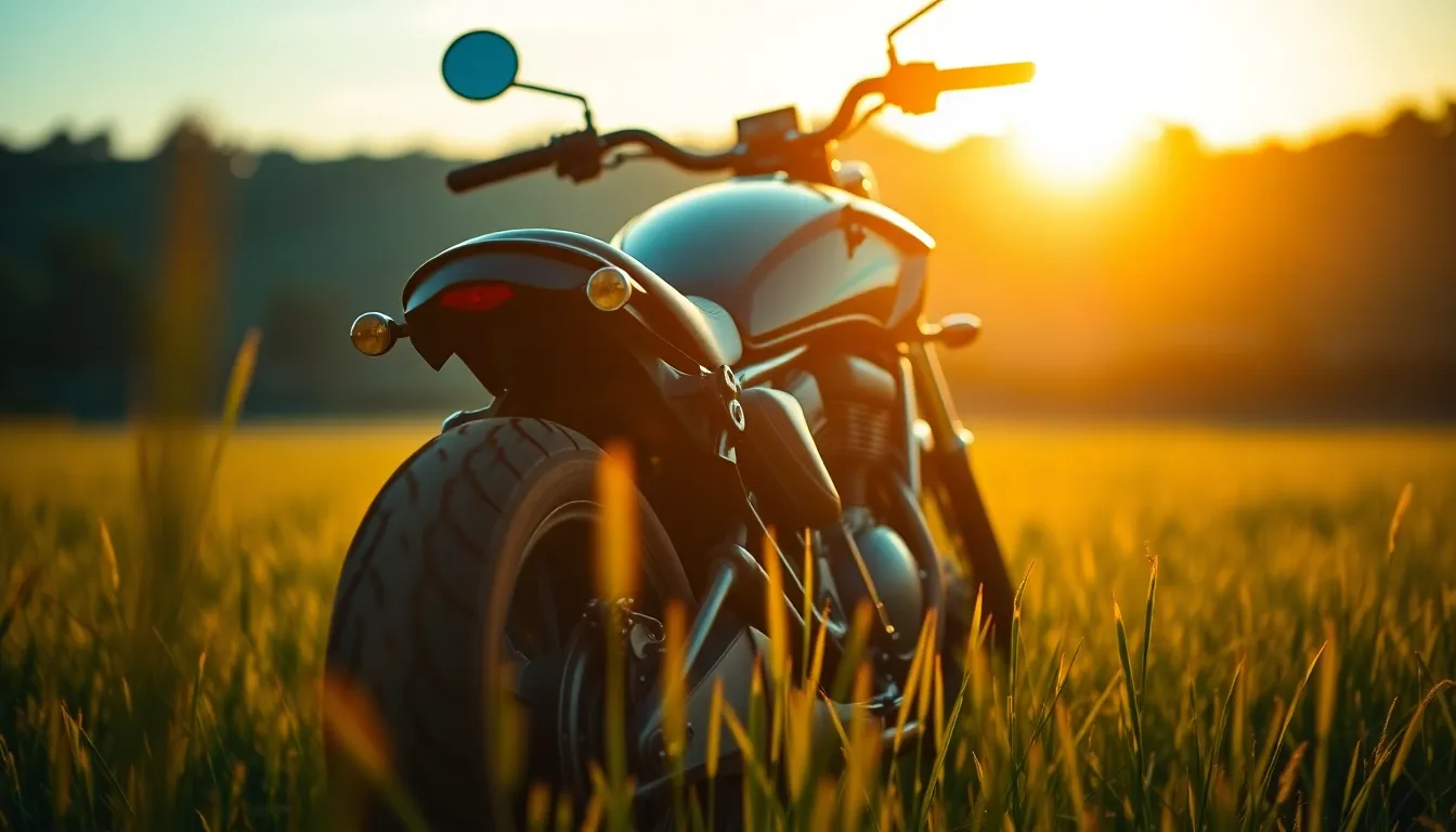 Motorcycle at Golden Hour This stunning image captures a motorcycle in a field of tall grass during the golden hour, bathed in warm rim light. The intricate details of the bike are highlighted against the soft pastel bokeh of the background, creating a painterly effect. The cinematic teal and orange color grading adds depth and richness to the scene, inviting viewers to appreciate the harmony between technology and nature.