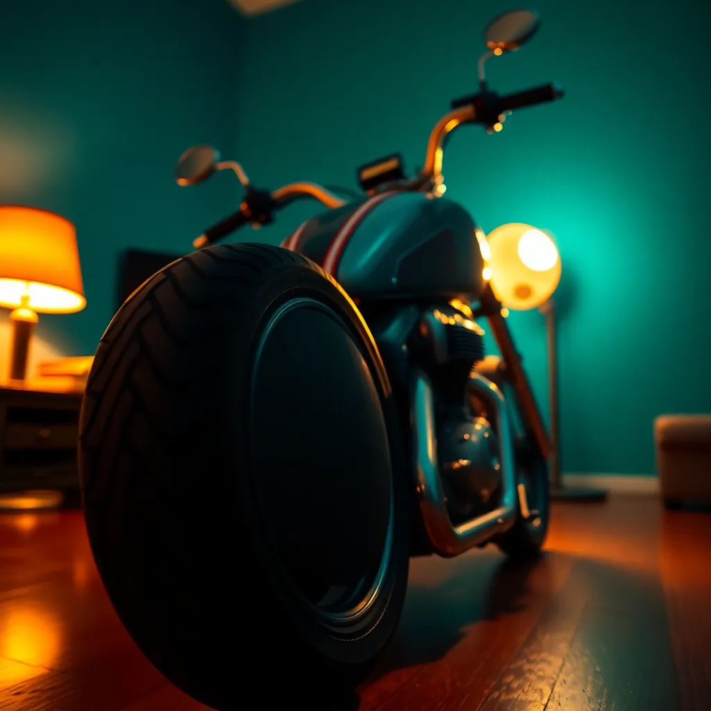 A close-up view of a motorcycle's leather seat captures the exquisite craftsmanship with detailed stitching. The warm light from a desk lamp casts a cozy glow, emphasizing the rich texture of the leather. The composition uses the bike's handlebars to frame the subject dynamically, drawing the eye into the intricacies of the seat. This intimate portrayal evokes a sense of luxury and attention to detail.