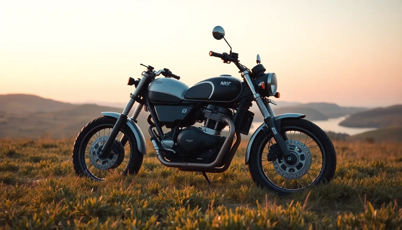 A tranquil scene featuring a motorcycle at dawn, set against a picturesque backdrop of rolling hills and a placid lake. The soft pastel colors of the early morning sky reflect on the gleaming surfaces of the bike, creating a harmonious blend of nature and machinery. The entire scene is in sharp focus, inviting viewers to experience the serenity of a peaceful ride at sunrise. This image encapsulates the beauty of adventure in calm settings.
