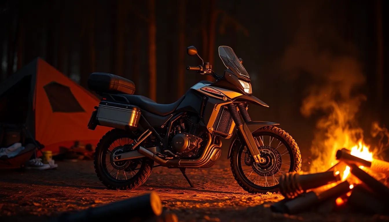 This image showcases an adventure motorcycle nestled in a campsite, illuminated by the warm glow of firelight. Flickering shadows dance across the scene, creating an inviting atmosphere. The hyperfocal distance keeps every detail in sharp focus, while natural muted tones of deep oranges and browns echo the warmth of the flames. Positioned centrally, the motorcycle is surrounded by camping gear and a glowing fire pit, embodying the spirit of exploration.