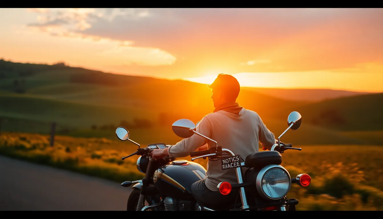 This heartwarming image features a couple riding a motorcycle through the serene countryside during golden hour. The warm backlighting creates an ethereal glow around them, enhancing their joyful expressions and showcasing the picturesque landscape. With everything in focus from the couple to the rolling hills, the use of rule of thirds draws attention to their adventure. The warm Kodak Portra color palette adds a nostalgic feel, evoking a sense of freedom and connection with nature.