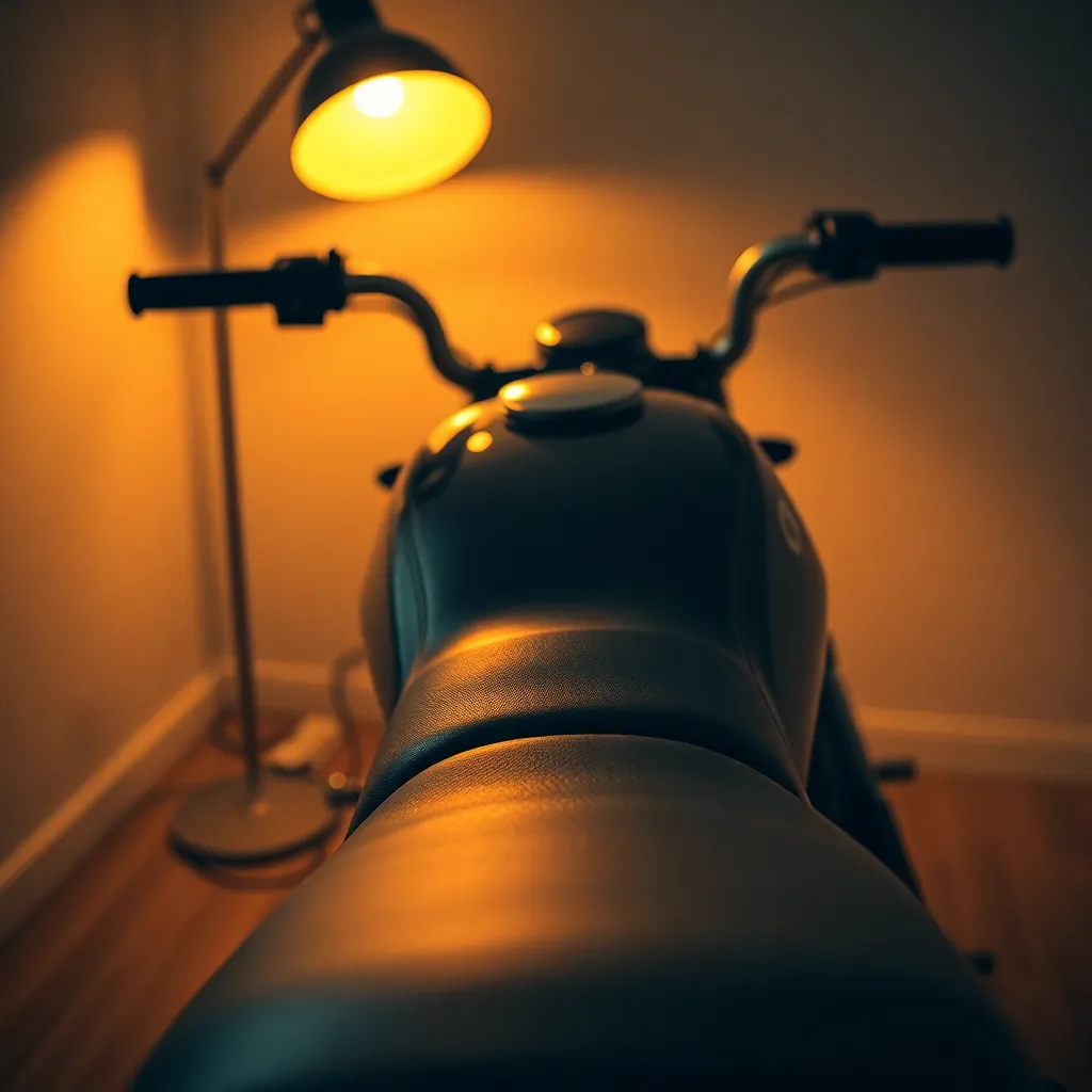 Close-Up of Motorcycle's Leather Seat This close-up image focuses on a motorcycle’s leather seat, illuminated by a warm tungsten desk lamp. The details of the leather texture are highlighted with intricate grain patterns visible under the soft directional light. The symmetrical composition emphasizes the curves and unique design of the motorcycle, creating a sense of elegance. This intimate portrayal invites viewers to appreciate the craftsmanship that goes into motorcycle design.