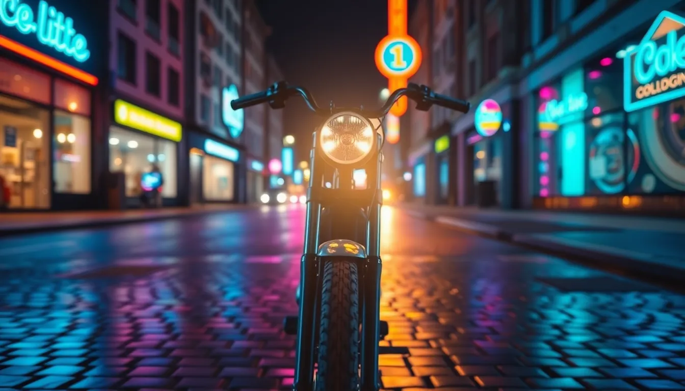 Urban Motorcycle at Night An urban motorcycle is artfully illuminated at night, with neon signage casting vibrant reflections on the wet cobblestone pavement. The selective focus highlights the bike’s headlight, creating a striking focal point against the dynamic city backdrop. The cinematic color grading in teal and orange enhances the electric atmosphere, while puddles add texture and reflections to the scene. This composition encapsulates the thrill of night riding in a bustling city environment.