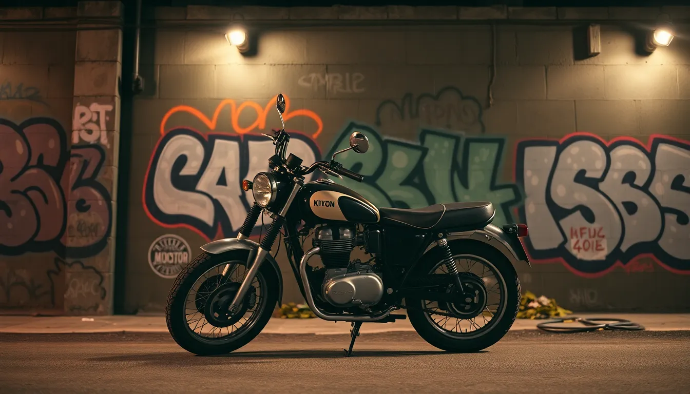 Vintage Motorcycle Against Graffiti Wall