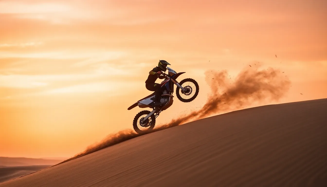 This exhilarating image captures a motorcyclist soaring mid-air over a sand dune at sunrise. The dramatic colors of the sky, with soft pinks and oranges, create a stunning backdrop for the dark silhouette of the rider and motorcycle. Sharp focus across the image emphasizes the rising sand and dust, enhancing the feeling of action and adventure. The dynamic composition of the jump conveys a sense of excitement and freedom, embodying the spirit of motocross.