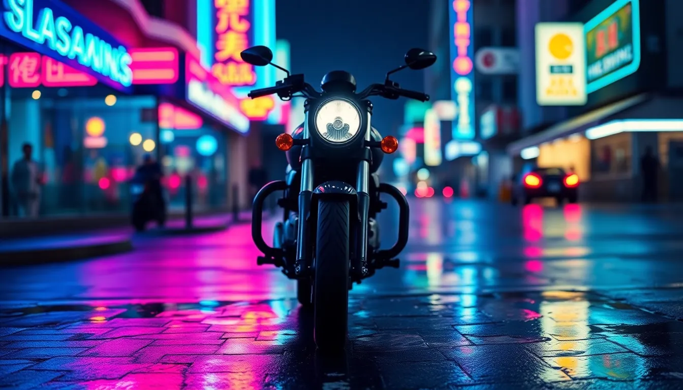 In this striking night scene, a motorcycle stands poised on a rain-soaked street, illuminated by vibrant neon signs reflecting off the wet pavement. The selective focus highlights the intricate details of the bike's headlight, while the background gently blurs into soft bokeh, enhancing the dreamy ambience. Saturated colors reminiscent of Fujifilm Velvia bring the scene to life, making the reflections in the puddles even more captivating. The centered composition adds to the symmetry and harmony of the image.