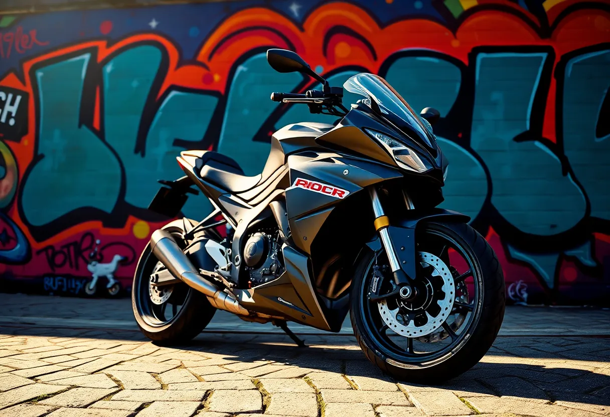 This vivid image showcases a modern sport motorcycle parked in front of a colorful graffiti wall. Harsh sunlight creates a stunning interplay of deep shadows and bright highlights that emphasize the motorcycle's sleek design. The intense saturation of colors in the graffiti enhances the vibrancy of the entire scene. Utilizing the rule of thirds, the composition draws the viewer's eye and includes textured pavement in the foreground, adding a layer of depth.