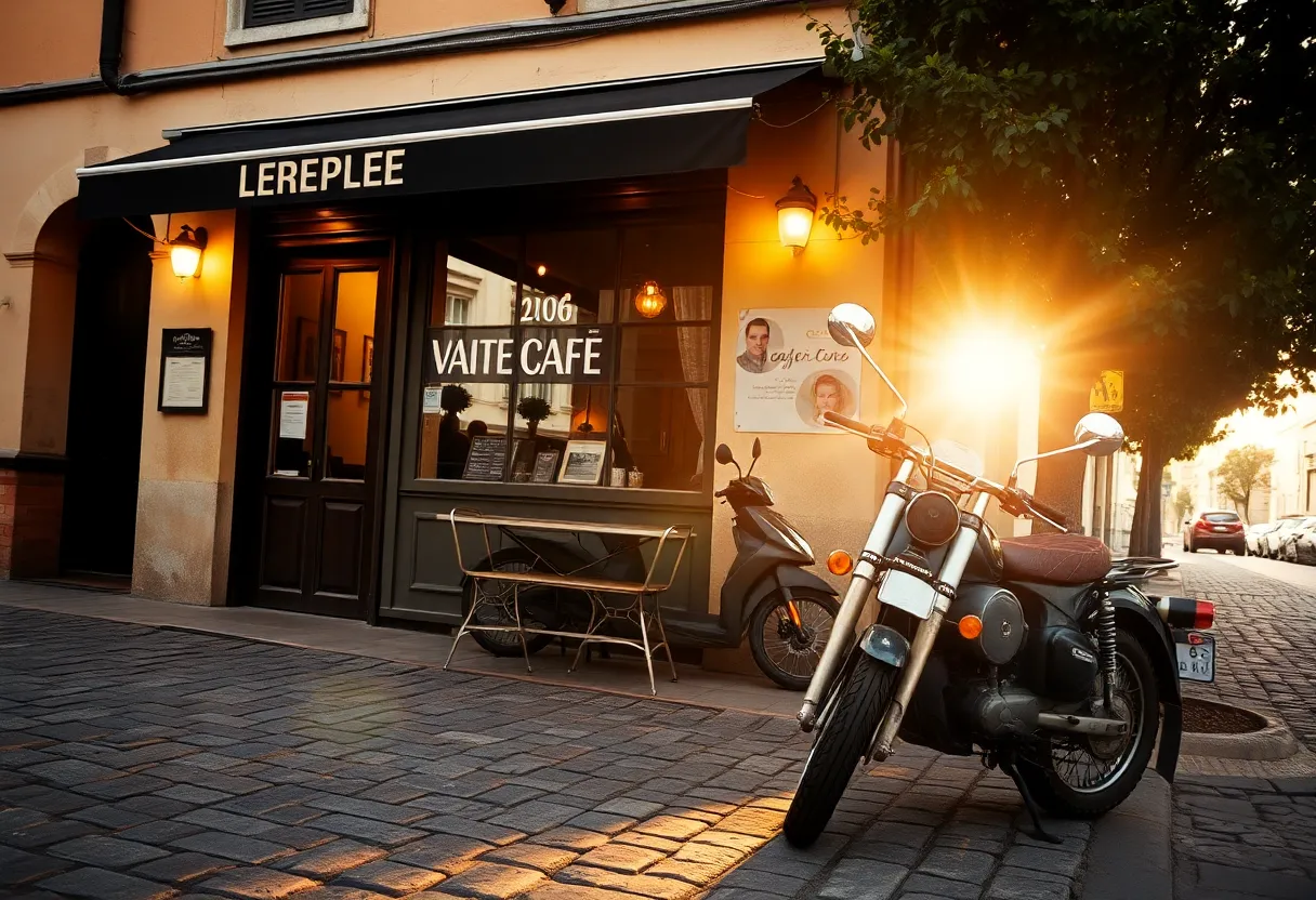 A vintage motorcycle is parked outside a charming café on a cobblestone street, illuminated by the warm glow of early morning light. The sepia-toned colors evoke a nostalgic atmosphere, inviting viewers to immerse themselves in the moment. Sharp details capture the textures of the cobblestones and the motorcycle’s weathered paint, while the café's welcoming appearance enhances the scene's warmth. This image encapsulates the romance of leisurely motorcycle rides and cozy café culture.