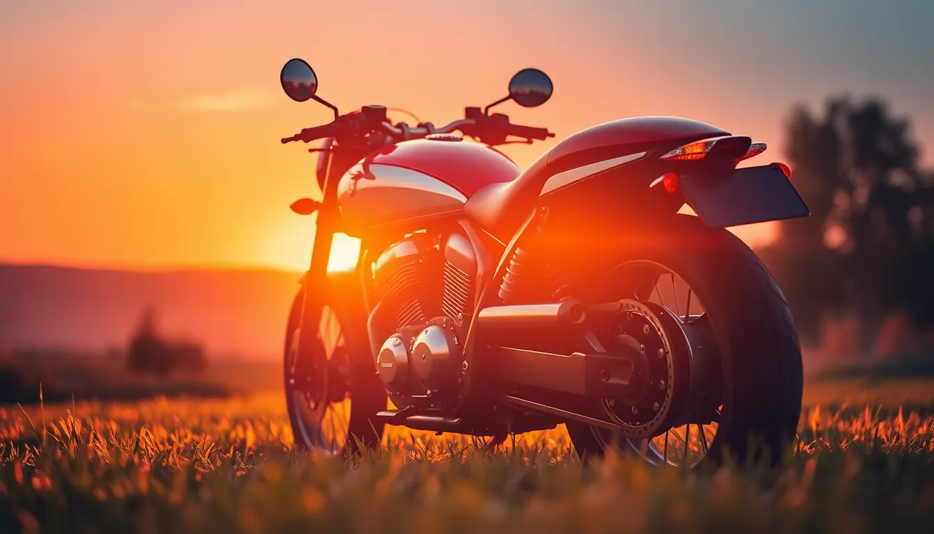 A captivating scene of a motorcyclist silhouetted against a vibrant sunset. The warm golden hour light creates a striking halo around the rider and the gleaming motorcycle, emphasizing the textures in the leather jacket. With a shallow depth of field, the background blurs into creamy bokeh, allowing the viewer to focus on the rider's confident pose and the intricate details of the bike. The atmospheric conditions enhance the rich color palette of warm oranges and yellows, making for a visually stunning image.