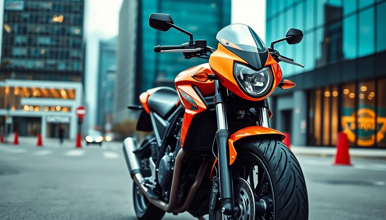 This image features a modern street bike showcased against an urban backdrop under dramatic overcast lighting. The diffused daylight brings out the sleek lines and vibrant paint of the motorcycle, creating an edgy yet sophisticated look. With a selective focus on the chrome details, the cityscape behind becomes a soft, painterly bokeh. Capturing the essence of contemporary transportation, this photograph offers a symmetrical composition that draws the viewer's eye to the bike.