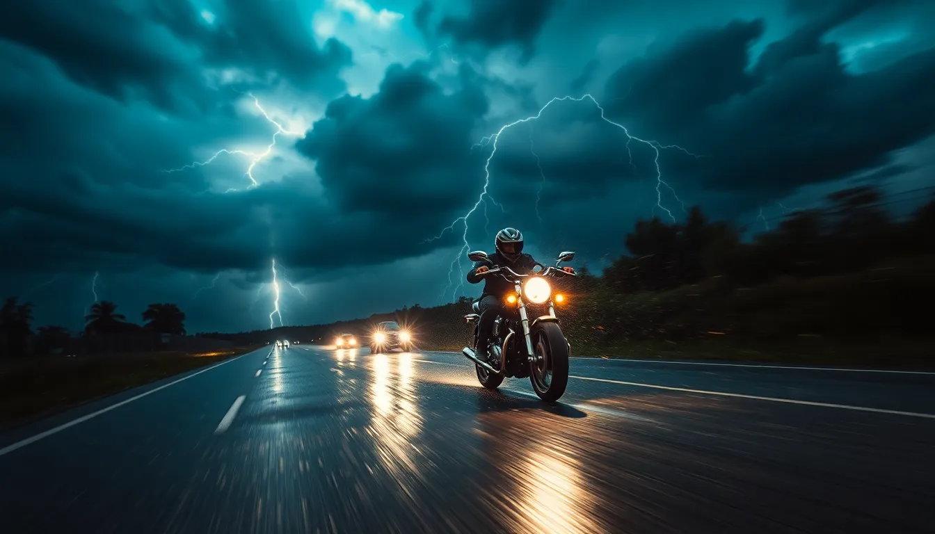 A thrilling scene depicting a motorcycle racing down a rain-soaked road during an electrifying storm. The dramatic lighting from lightning strikes creates intense highlights against the dark, moody backdrop, emphasizing the speed and power of the bike. Shallow depth of field captures the rain droplets in the foreground, enhancing the rush of the moment. This image conveys a sense of exhilaration, perfect for adventure enthusiasts.