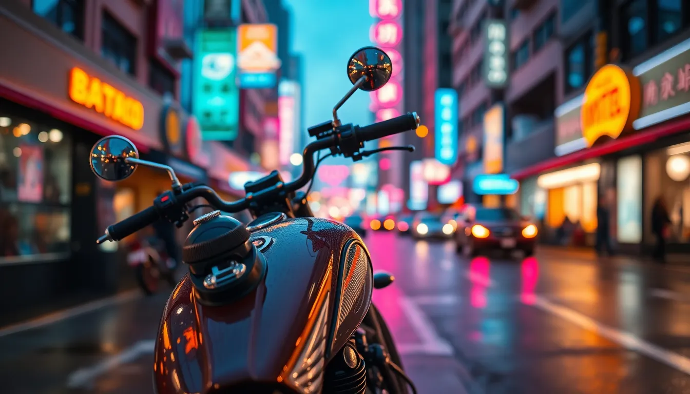 A classic motorcycle stands out in a vibrant urban setting at dusk, illuminated by the glow of neon signage reflecting off wet pavement. The shallow depth of field isolates the bike, while a Dutch angle composition adds energy to the scene. The combination of cinematic teal and orange tones enhances the vibrant night-life atmosphere. This image embodies the thrill of city exploration and the romance of the open road.