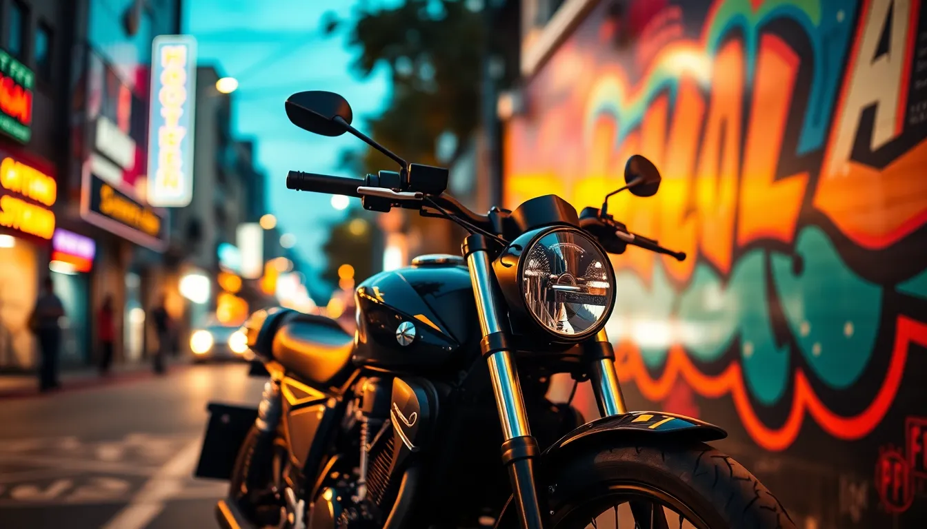 In an energetic urban environment at dusk, a motorcycle stands out against a colorful street mural illuminated by neon lights. The rich teal and orange color grading adds a modern touch, while the reflections on the motorcycle enhance its appeal. The image's shallow depth of field emphasizes the bike's features, leaving the bustling background softly blurred. This striking portrayal encapsulates the vibrancy and excitement of city life.