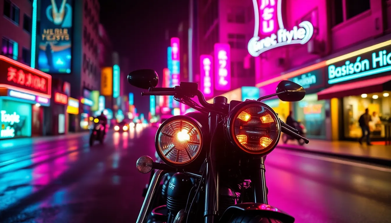 A dynamic night scene showcases a rider on their motorcycle, positioned against a backdrop of vibrant neon lights reflecting off wet pavement. The clever use of butterfly lighting accentuates the rider's features, while the shallow depth of field beautifully isolates the motorcycle in the foreground. The neon colors — blues and magentas — create an electric atmosphere, enhanced by the Dutch angle composition that adds excitement and energy to the image. This captures the thrill of urban nightlife and the freedom of the ride.