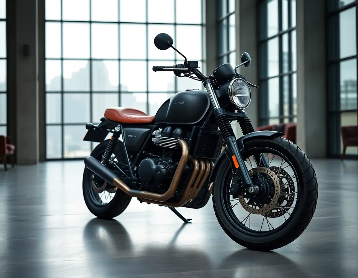 An exquisite motorcycle stands in a modern workshop, illuminated by soft, diffused light filtering through large windows. The focus highlights the shiny engine details, showcasing the craftsmanship involved. Surrounding elements fade softly into the background, enhancing the bike's sharp lines and curves. The muted earth tones create a calm atmosphere, perfect for appreciating the art of motorcycle design.