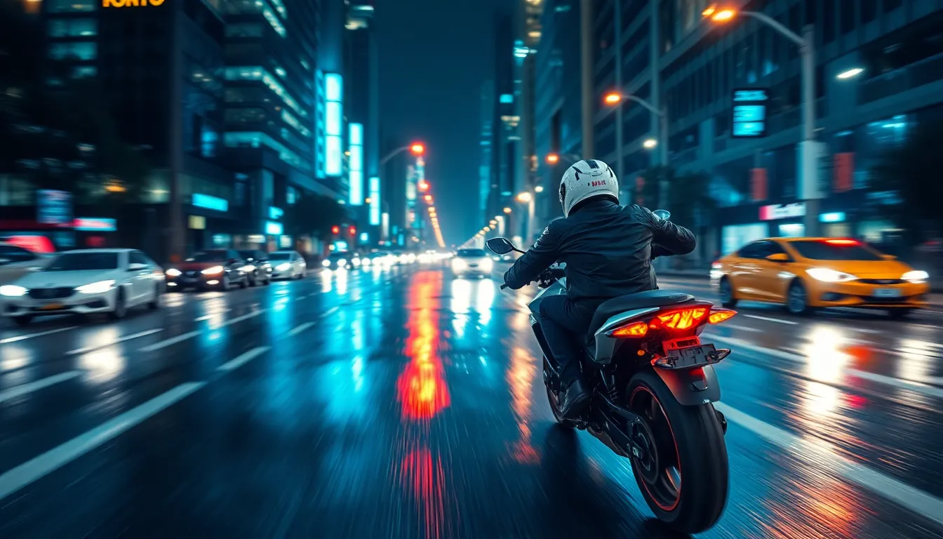 This electrifying image features a motorcycle rider in full gear speeding through a rain-soaked city at night. Neon lights reflect off the wet pavement, enveloping the scene in cool blues and greens. A Dutch angle captures the thrill of motion, while a shallow depth of field focuses on the rider against a blurred urban backdrop. Raindrops on the helmet enhance the sense of realism and adventure, making this a captivating moment in time.