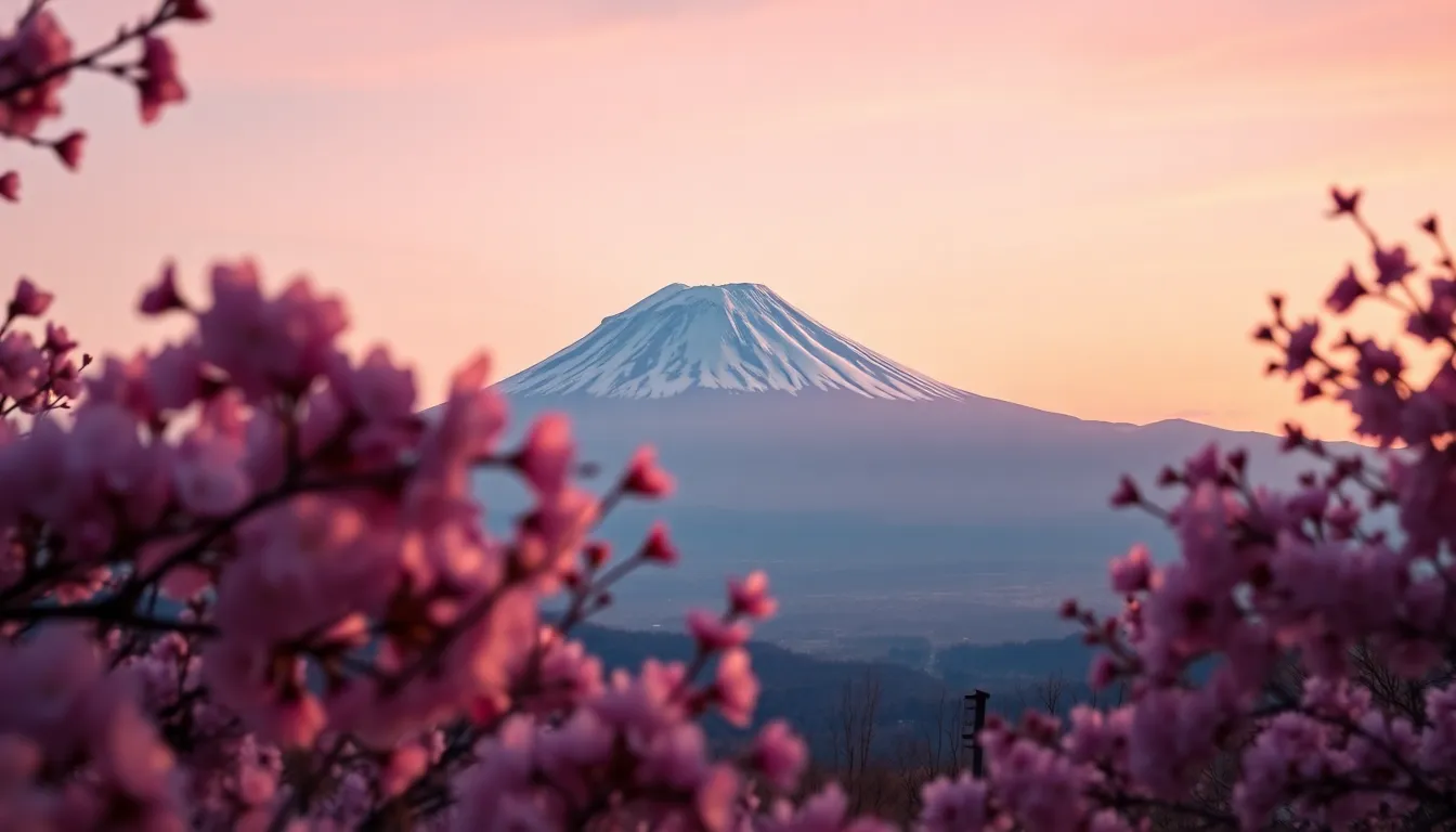 Experience the serene beauty of Mount Fuji at sunrise, glowing in warm golden rays. Cherry blossoms frame the foreground, creating a stunning visual contrast against the snow-dusted peak. The photograph captures the soft hues of dawn, evoking a sense of peaceful tranquility. This composition invites viewers to immerse themselves in the rich colors and textures of nature, showcasing Japan's iconic landscape.