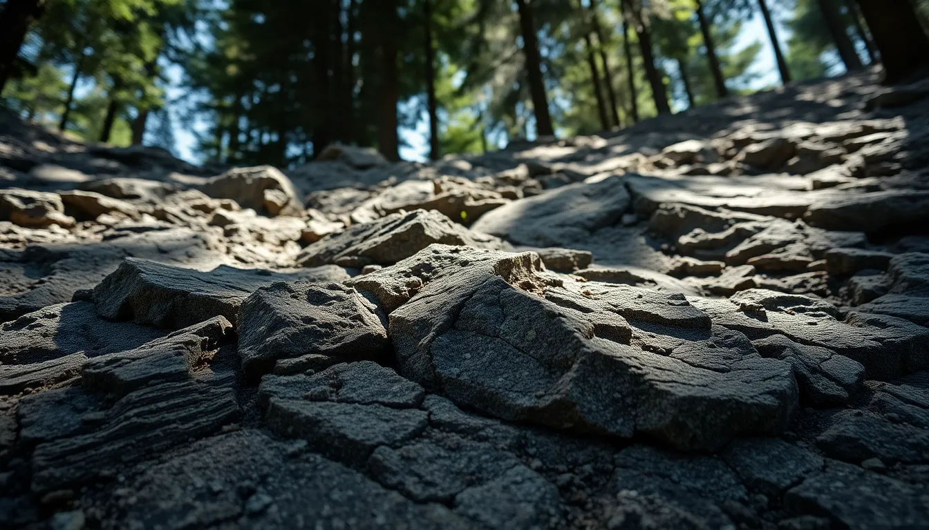 This close-up captures the remarkable texture of rocky slopes in the Japanese Alps, illuminated by dappled sunlight filtering through the surrounding trees. The rugged surfaces showcase detailed patterns formed by nature, while the shallow depth of field draws attention to these intricate textures. Muted earth tones dominate the scene, perfectly reflecting the serene beauty of the mountainous landscape.