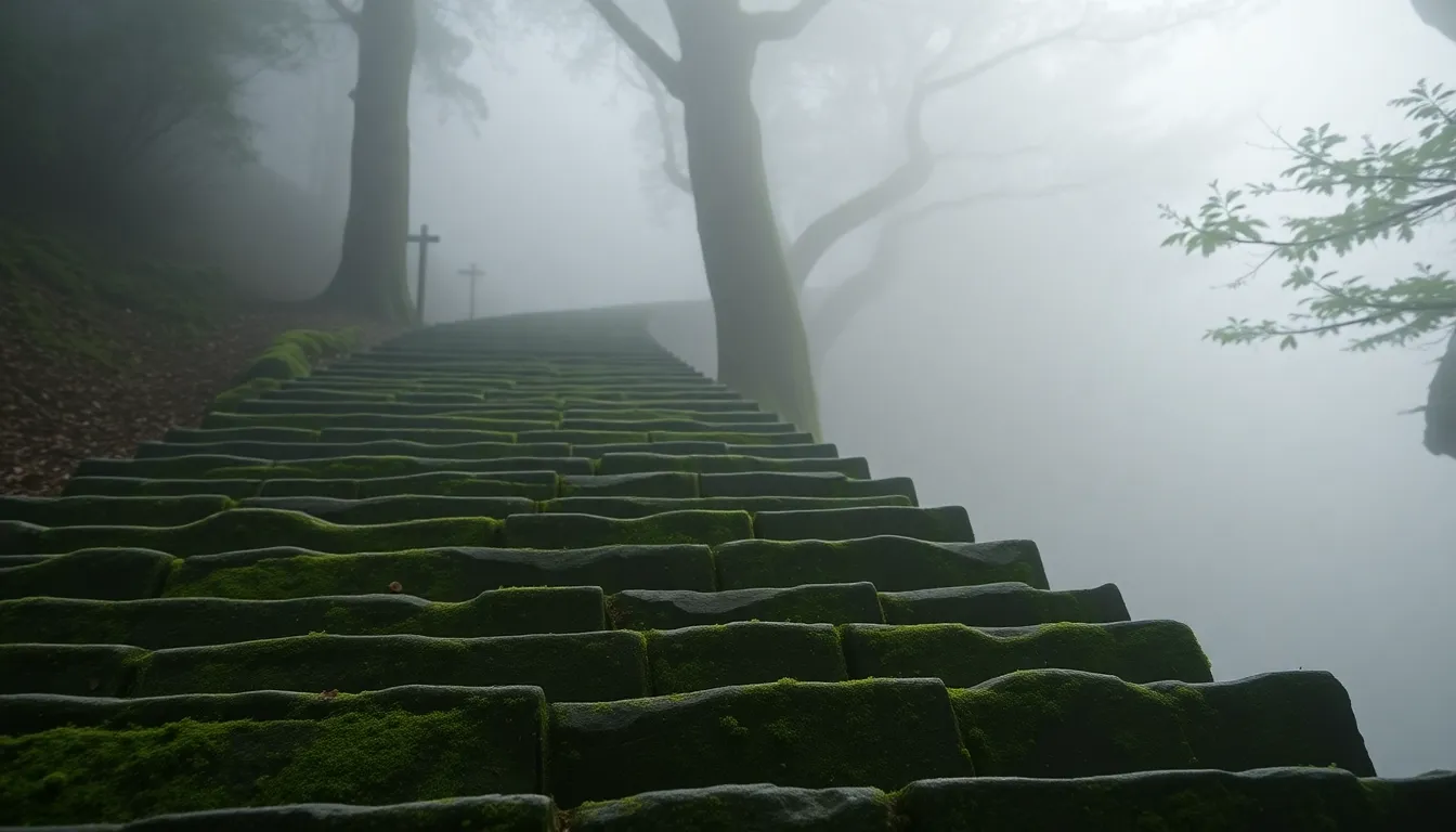 This enchanting image captures the mystical atmosphere of the Kumano Kodo mountain trail, shrouded in soft morning fog. Ancient stone steps, blanketed in lush moss, lead the viewer deeper into the serene landscape. The diffused light creates an ethereal glow, inviting one to contemplate the history and spirituality of this sacred path among the trees.