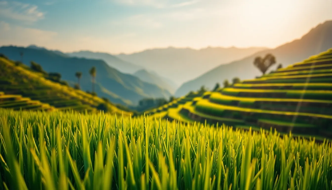 Explore the captivating beauty of terraced rice fields set against the majestic Japanese mountains. Late afternoon light highlights the intricate textures and vibrant greens of the crops, immersing viewers in the agricultural landscape. The soft bokeh effect adds a dreamlike quality, enhancing the natural beauty of the scene. This composition elegantly balances foreground detail with the expansive mountainous backdrop, capturing Japan's rich agricultural heritage.