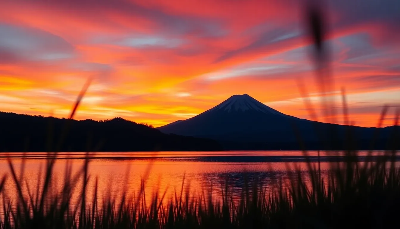 This breathtaking image captures a tranquil sunset over Lake Yamanaka, with the majestic silhouette of Mount Fuji in the background. The vibrant colors of the sky reflect beautifully on the calm water, creating a mesmerizing scene. The blurred foreground grasses enhance the overall serenity, inviting viewers to immerse themselves in this peaceful moment in nature.