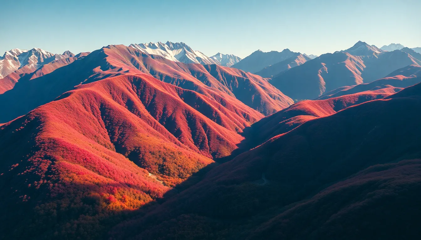 Explore an aerial perspective of the stunning Japanese Alps, draped in vibrant autumn colors. The mountains' jagged peaks contrast beautifully with an array of fiery foliage, creating a breathtaking tapestry of nature's beauty. The clear skies and crisp lighting enhance the vivid colors, making the scene pop with life. This image captures the essence of Japan's mountain landscapes during their most colorful season.