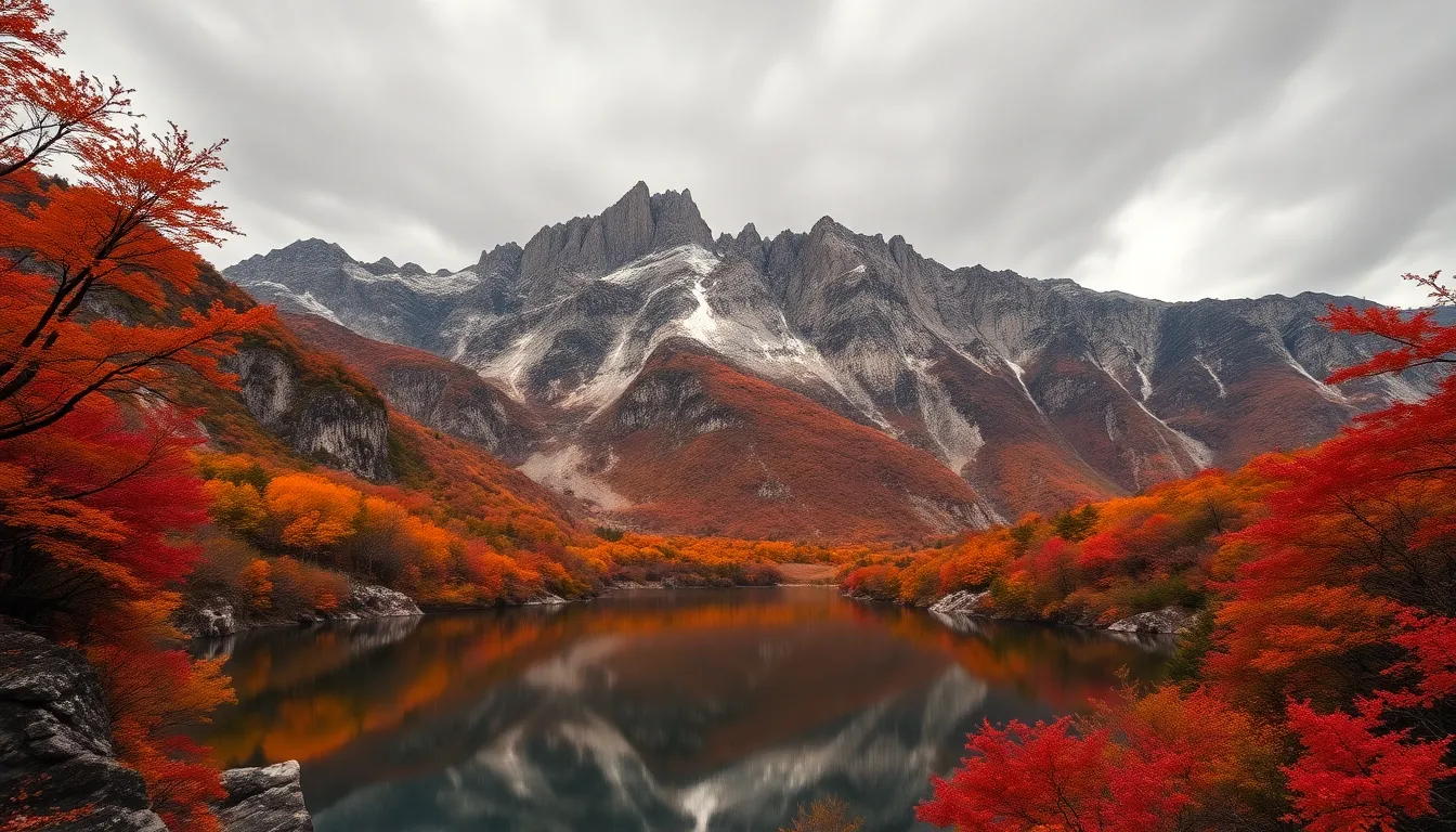 This aerial view of the Tateyama Mountain Range reveals a spectacular display of autumn foliage, with rich reds and oranges harmonizing beautifully against the gray granite peaks. The calm lake below mirrors the vibrant landscape, creating a symmetrical composition that captivates the eye. The overcast sky provides a soft lighting effect, enhancing the details of both the rocky terrain and the colorful leaves.