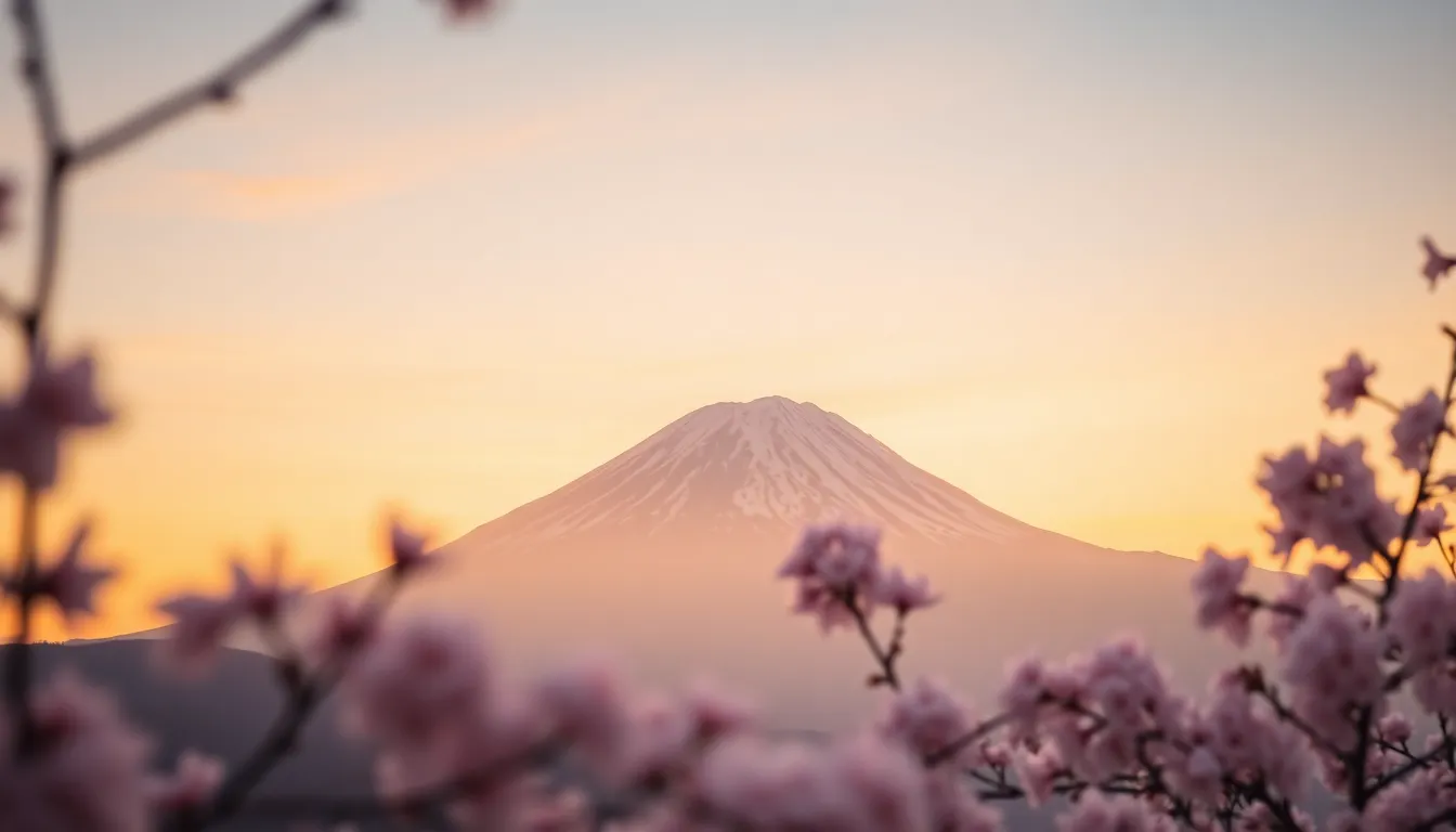 A stunning view of Mount Fuji is illuminated by the soft light of dawn, surrounded by delicate cherry blossom trees in full bloom. The vibrant hues of orange and pink in the sky create a serene and tranquil mood, while the shallow focus emphasizes the beauty of the flowers. The image captures the essence of Japan's natural beauty with a mesmerizing blend of textures and colors.