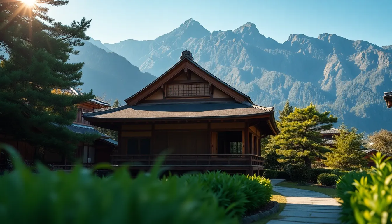 Traditional Japanese Tea House with Mountains
