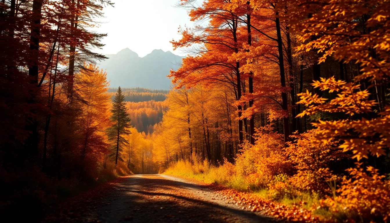 This vibrant image showcases a stunning view of a Japanese mountain range in autumn, where the foliage bursts with warm reds and oranges. Morning sunlight streams through the trees, casting dappled light on the forest floor, creating a lively, inviting atmosphere. The sharp focus through the entire scene brings both the foreground details and distant peaks into clarity. The composition makes use of leading lines to draw the viewer into this picturesque landscape, inviting adventure among nature's colorful bounty.
