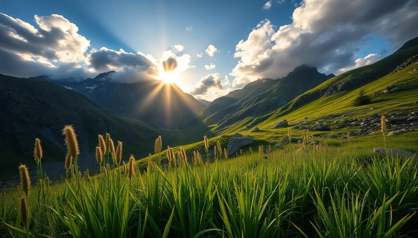 This dynamic image captures the breathtaking moment of sunrise over the rugged Northern Japanese mountains. Dramatic sunlight breaks through the clouds, casting a golden glow on the landscape. The hyperfocal depth of field keeps every detail sharp from the vibrant foreground wild grasses to the distant peaks. The composition employs leading lines to guide the viewer through the scene, showcasing the rich textures of both rock and grass.