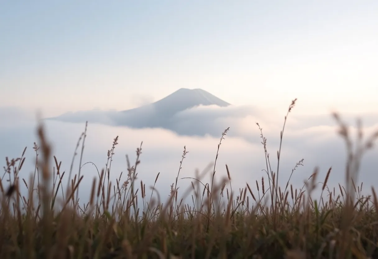 This captivating image showcases a vibrant red torii gate standing proudly against the backdrop of Japan's majestic mountains at twilight. The cool deep blue tones create a dramatic sky, while warm city lights flicker in the valley below. Selective focus emphasizes the gate's smooth lacquer finish, contrasting beautifully with the coarse mountain terrain. The classic composition highlights the cultural significance of the torii, creating a harmonious blend of nature and tradition.