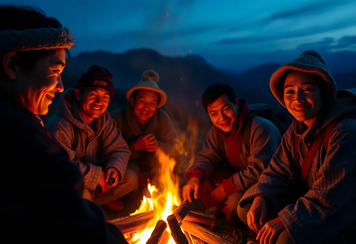 Campfire Gathering in the Shadow of Japanese Mountains