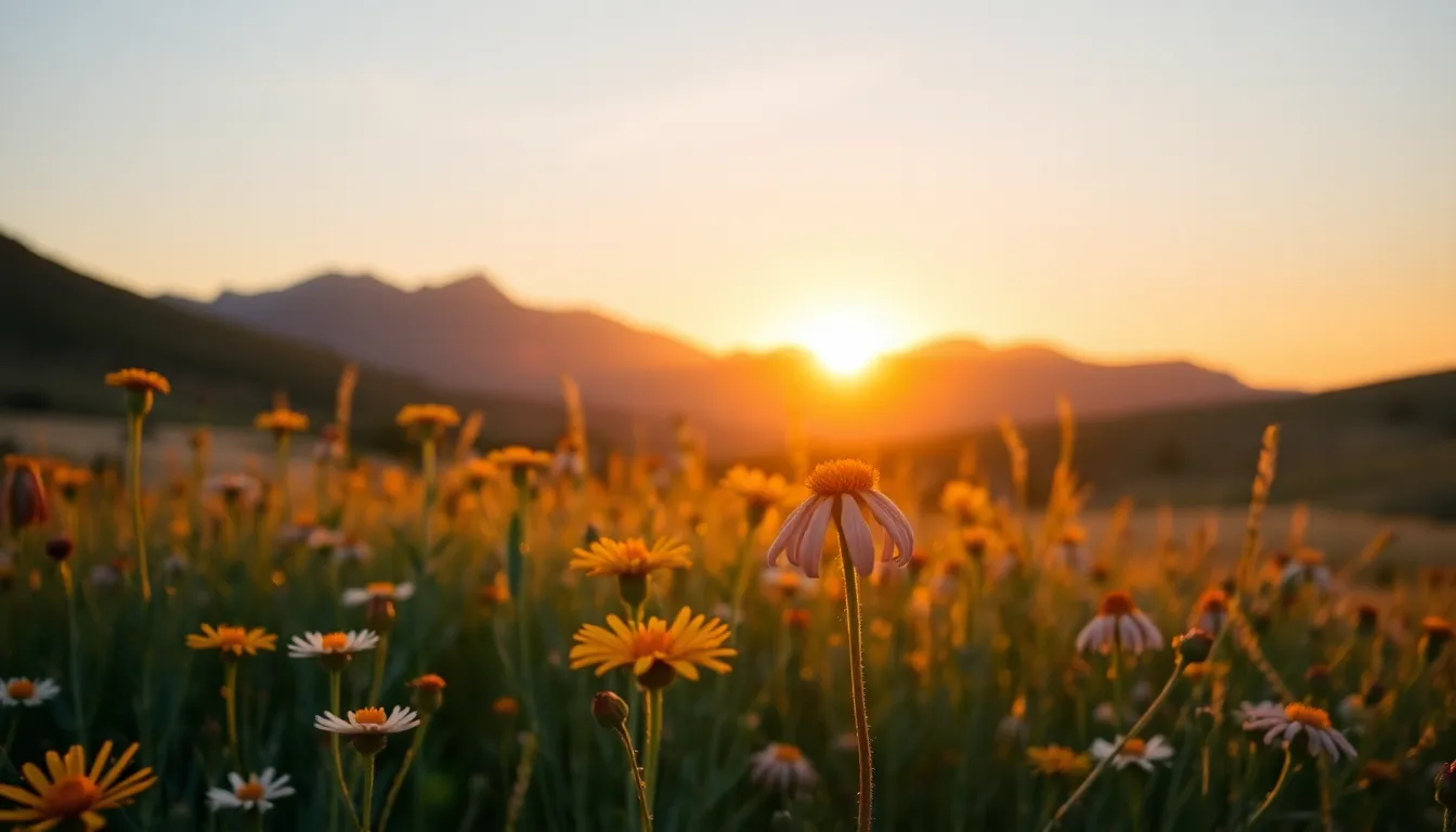 In this breathtaking image, vibrant wildflowers bloom in the foreground as a stunning sunset casts warm reflections over the Japanese mountains. The warm hues highlight the intricate details of the flowers and create a soft glow on the mountains, evoking a sense of tranquility. The composition leads the viewer's eye from the colorful blooms up to the majestic peaks, reinforcing the connection between the earth and sky.