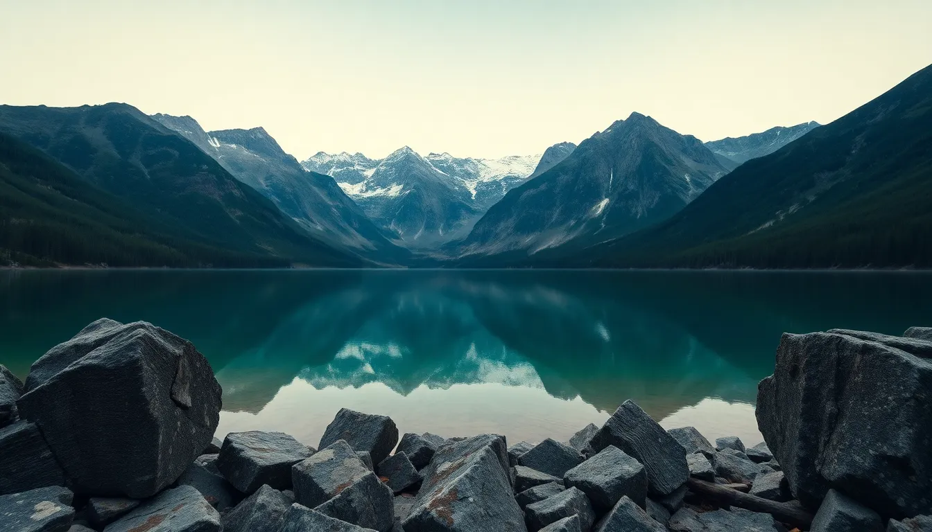 This mesmerizing image captures a mountain lake under a simulated moonlight effect, reflecting the majestic peaks that surround it. The centered symmetric composition enhances the tranquility of the scene as the smooth surface of the water mirrors the rugged mountain texture. The natural muted tones create an atmosphere of peace, inviting viewers to absorb the beauty and stillness of nature. The attention to detail showcases the captivating interplay of light and reflection in this serene landscape.