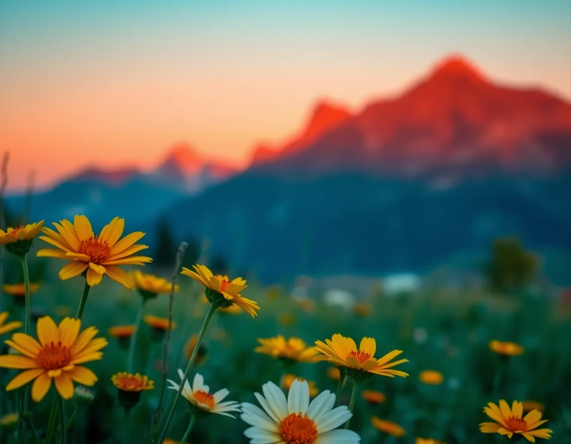This stunning image captures the breathtaking view of wildflowers illuminated by golden hour light against the enchanting backdrop of Japan's mountains. The warm rim light creates a magical atmosphere, enhancing the vibrant colors of the blooms. A selective focus technique beautifully emphasizes the delicate texture of the flowers while softening the majestic peaks in the background. The cinematic color grading further enhances the scene, inviting viewers to immerse themselves in nature's beauty.