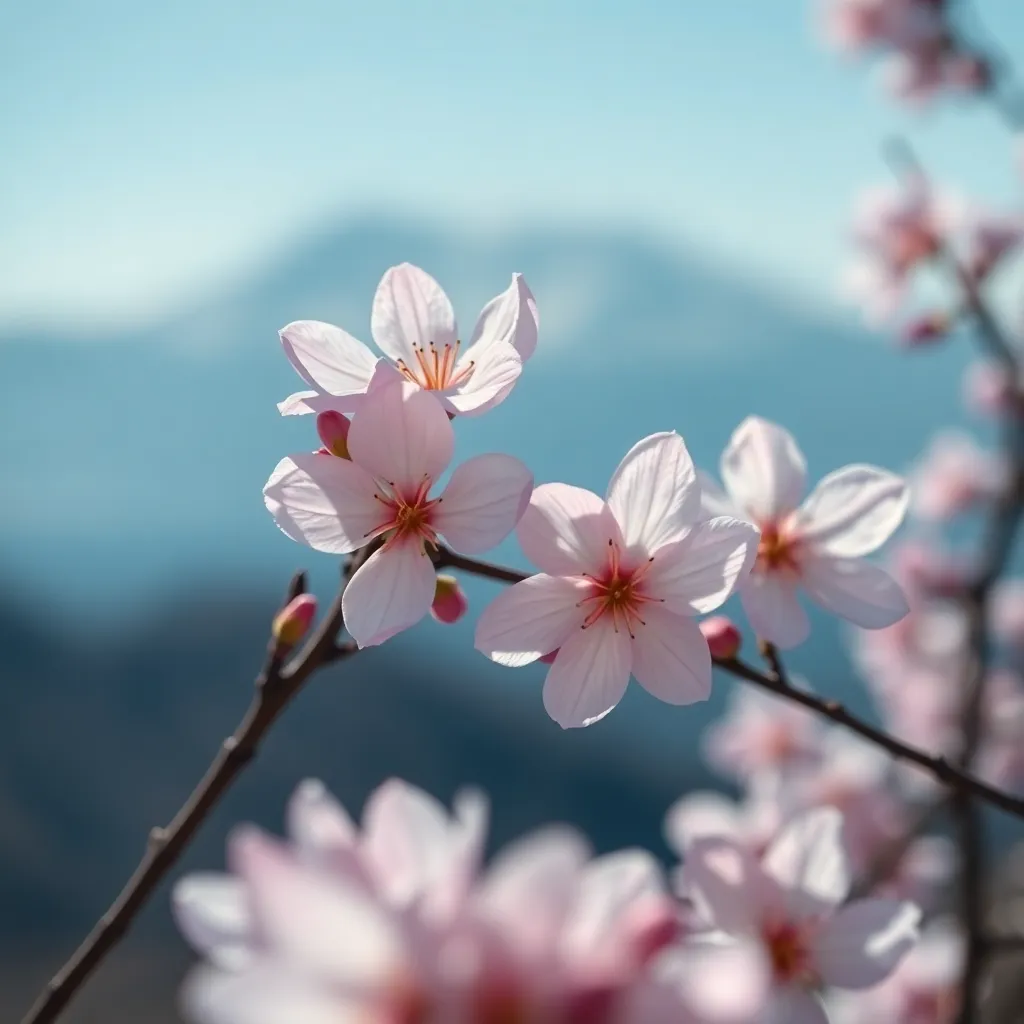 In this enchanting close-up, delicate cherry blossoms bloom vibrantly against the stunning backdrop of Japan's mountains. Soft, diffused lighting enhances the ethereal quality of the scene while the flowers stand out in sharp focus, showcasing their intricate details. The gentle color palette features soft pinks and whites, evoking feelings of spring beauty and renewal. This image captures the fleeting moment of cherry blossom season, inviting viewers to appreciate nature's artistry.