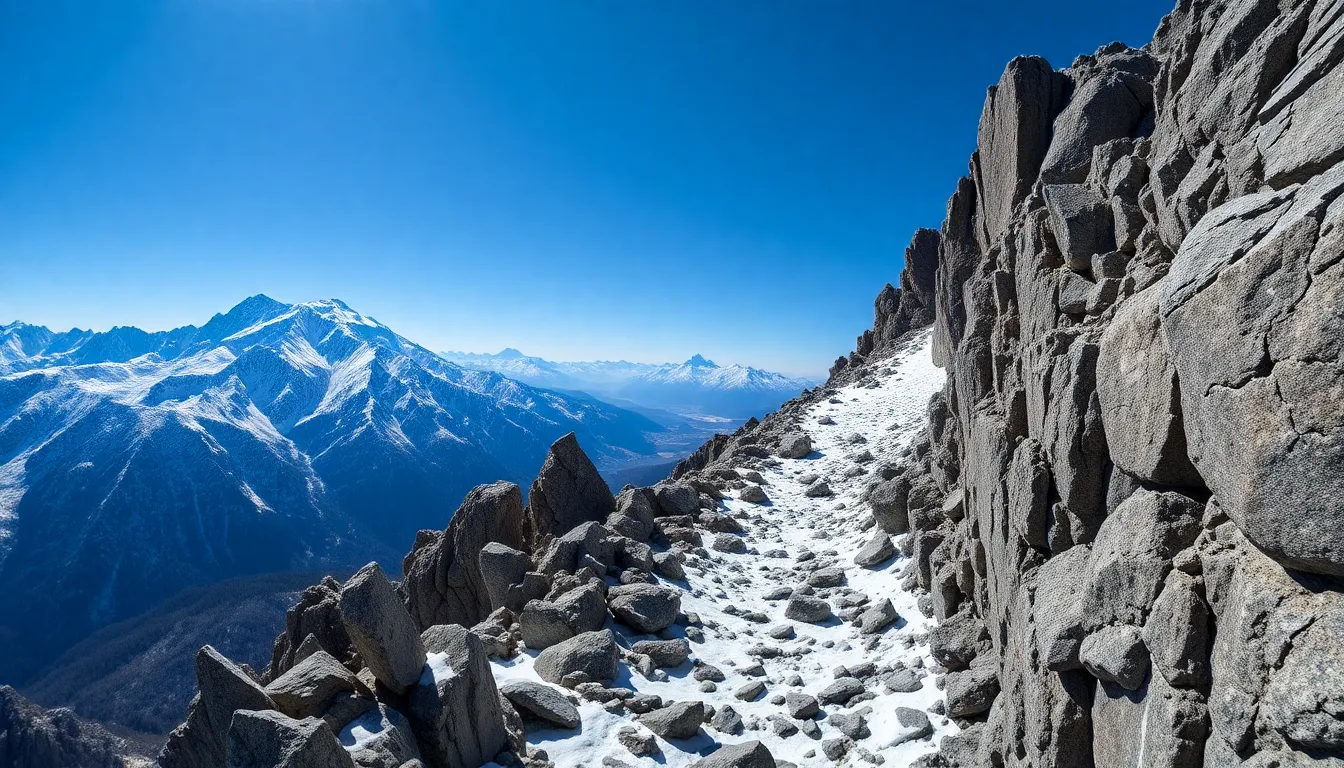 This stunning landscape captures the grandeur of Japan's snowy mountain peaks against a vivid blue sky. The crisp, bright lighting accentuates the rugged texture and sheer beauty of the landscape. A winding path invites the viewer to explore the scene, creating a sense of adventure and majesty. The overall freshness and tranquility of the snowy environment evoke feelings of peace and wonder.