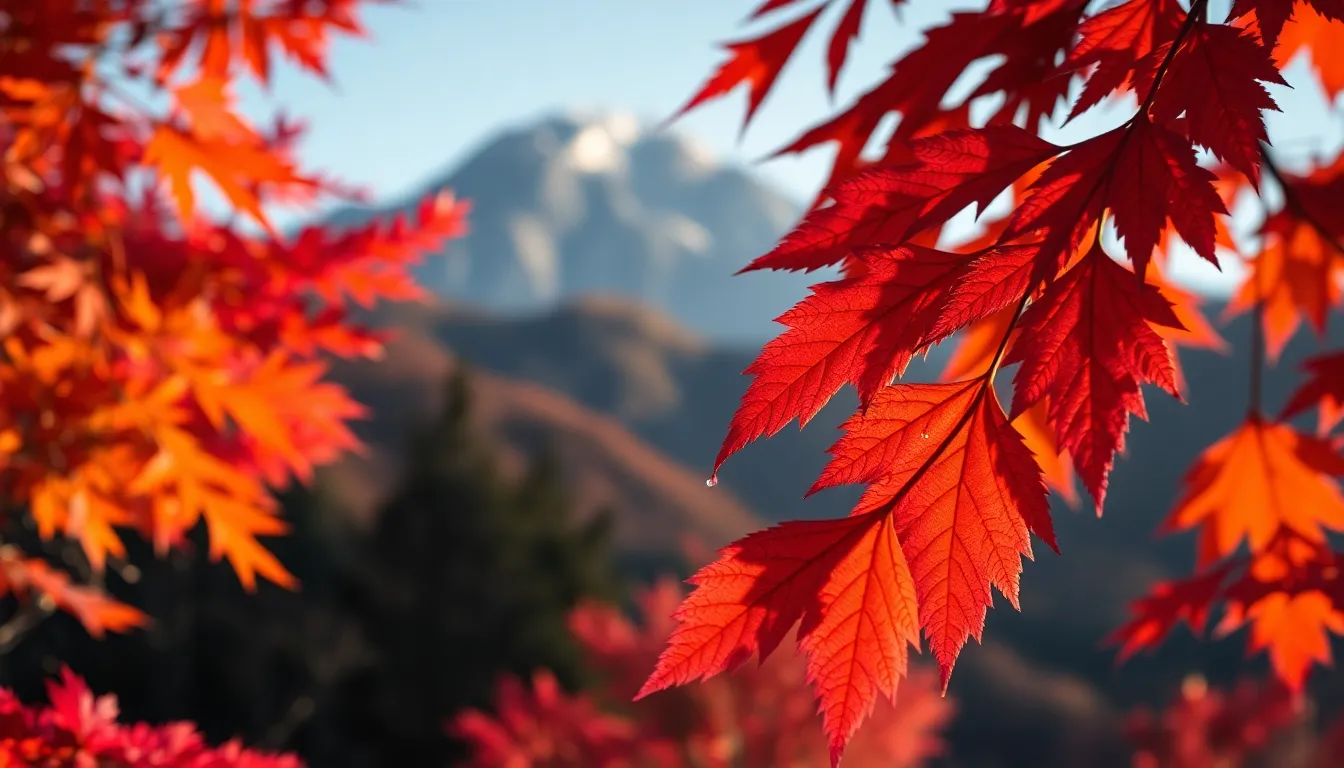 This vibrant photograph showcases the breathtaking beauty of autumn foliage set against the rugged Japanese mountains. A clear day provides optimal lighting, emphasizing the rich colors of red and orange leaves. The use of shallow depth of field isolates the foliage, allowing for detailed viewing of the leaf textures. The composition employs the rule of thirds to balance the colorful foreground with the majestic mountains in the backdrop.